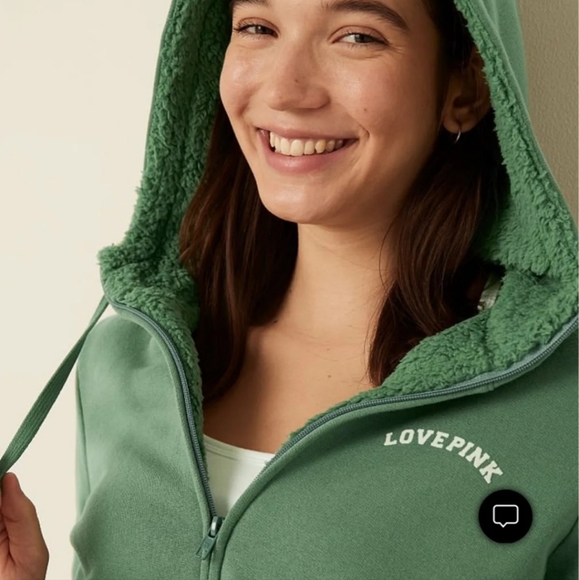 New VS PINK HOODIE JACKET SHERPA FULL ZIP GREEN - Picture 3 of 9